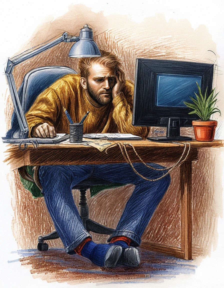 Personne fatiguée à un bureau chaleureux travaillant sur un ordinateur