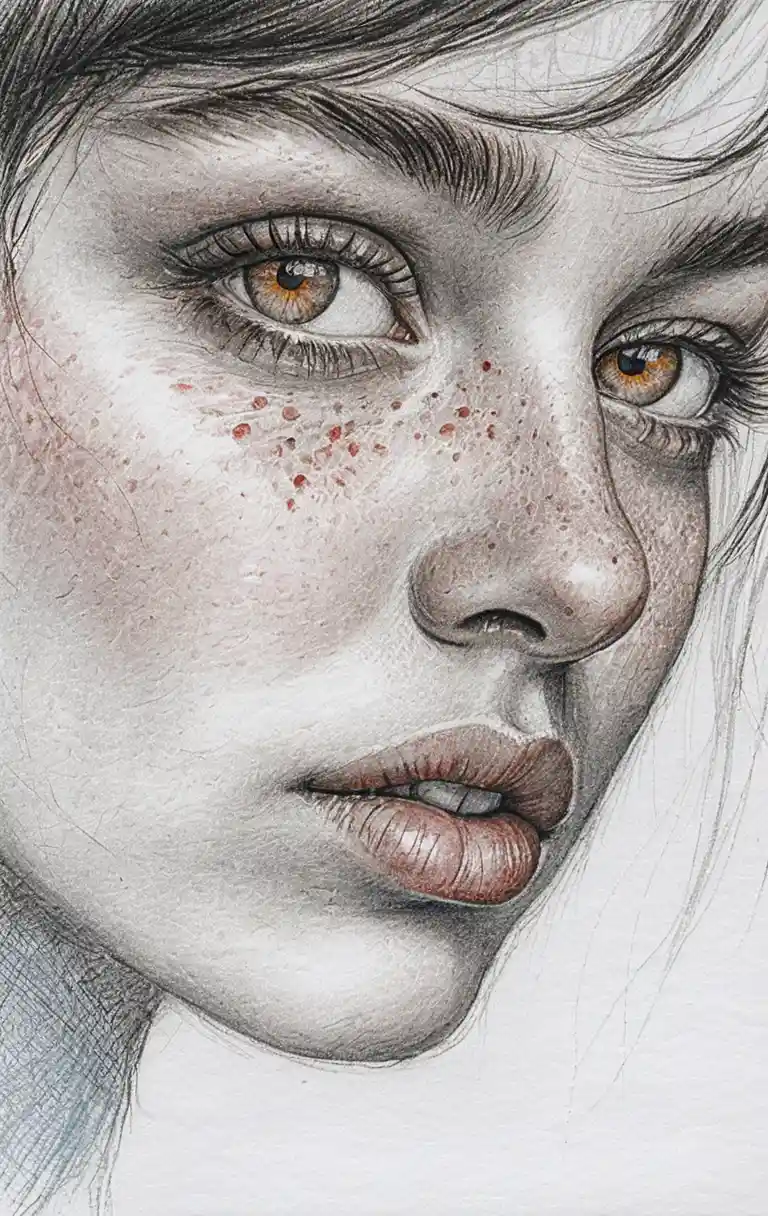 Realistic pencil portrait with blue eyes and red lips