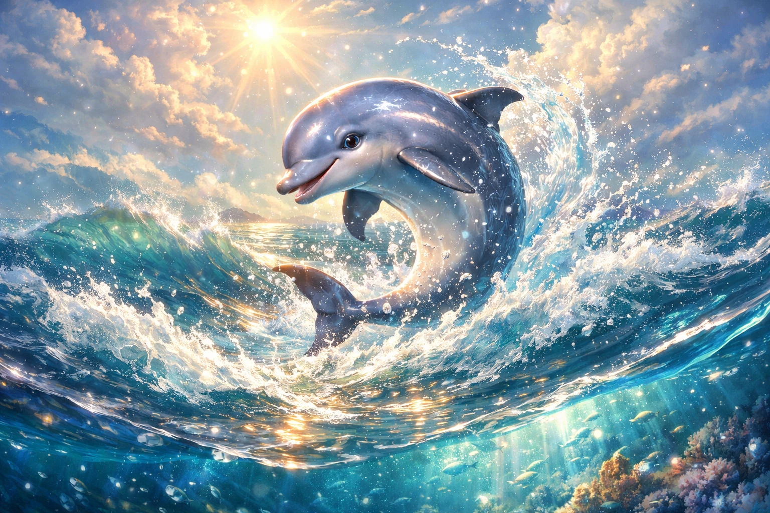 陽光海浪中開心旋轉的小海豚