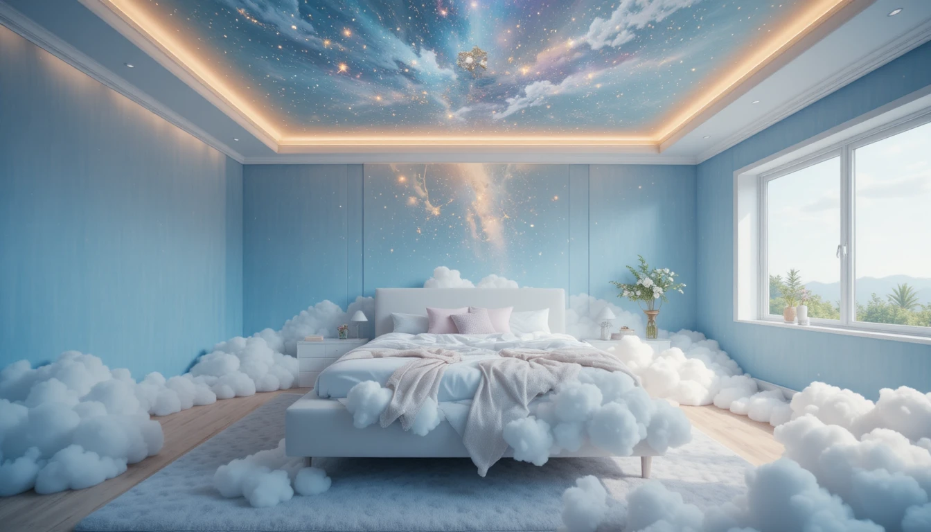 Letto di nuvole da sogno in una serena camera da letto blu cielo