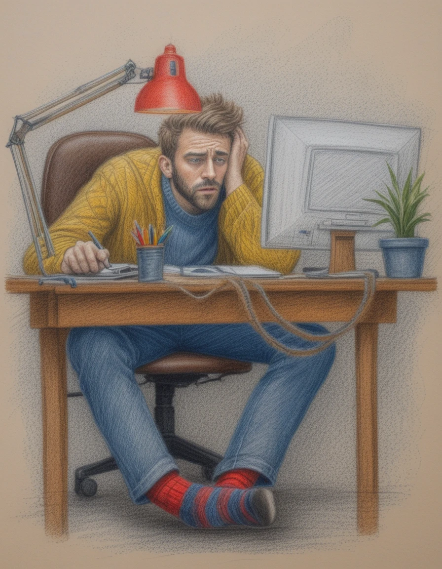Persona cansada en un escritorio acogedor trabajando en la computadora