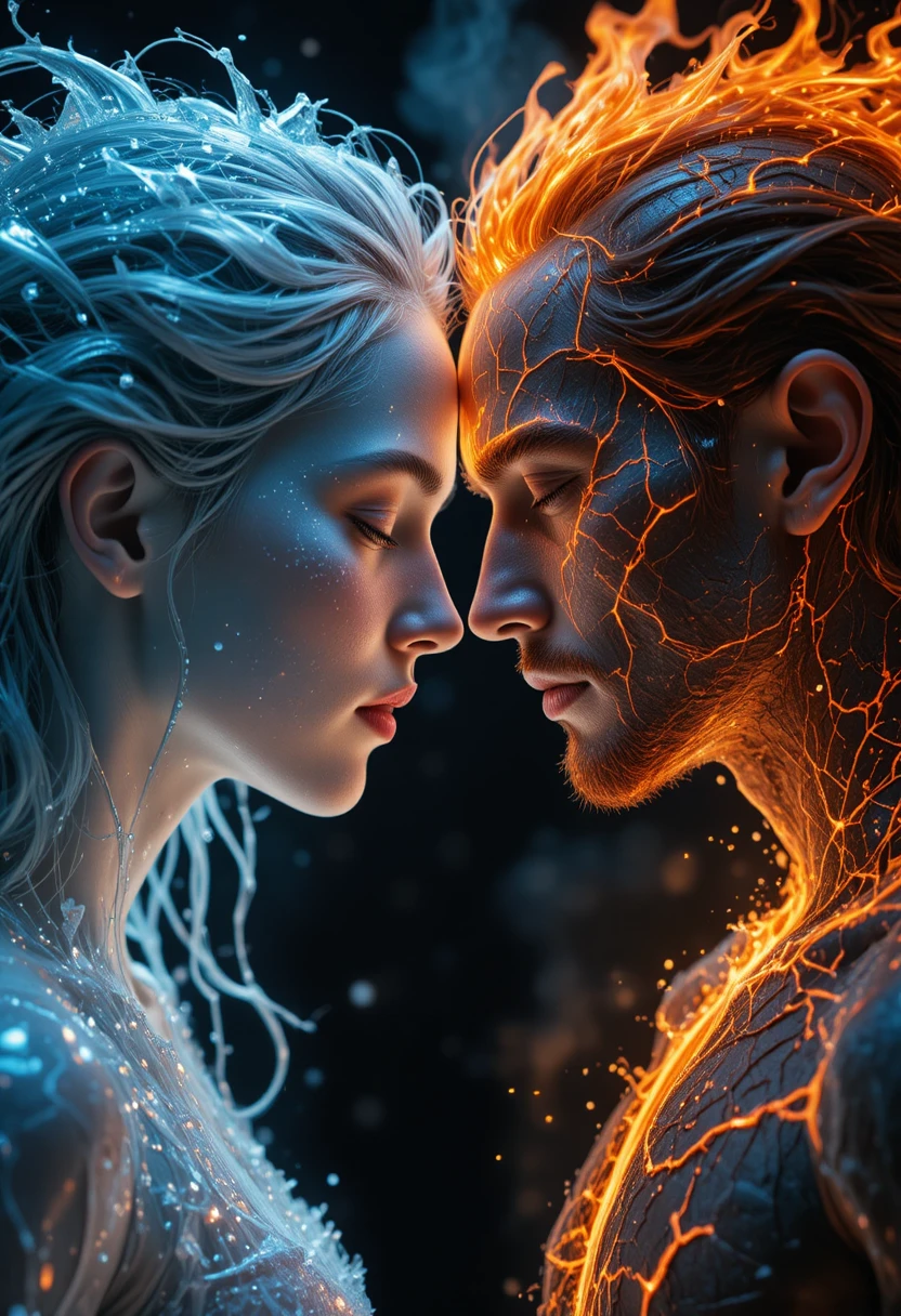 Ice woman and fire man facing in intense close up