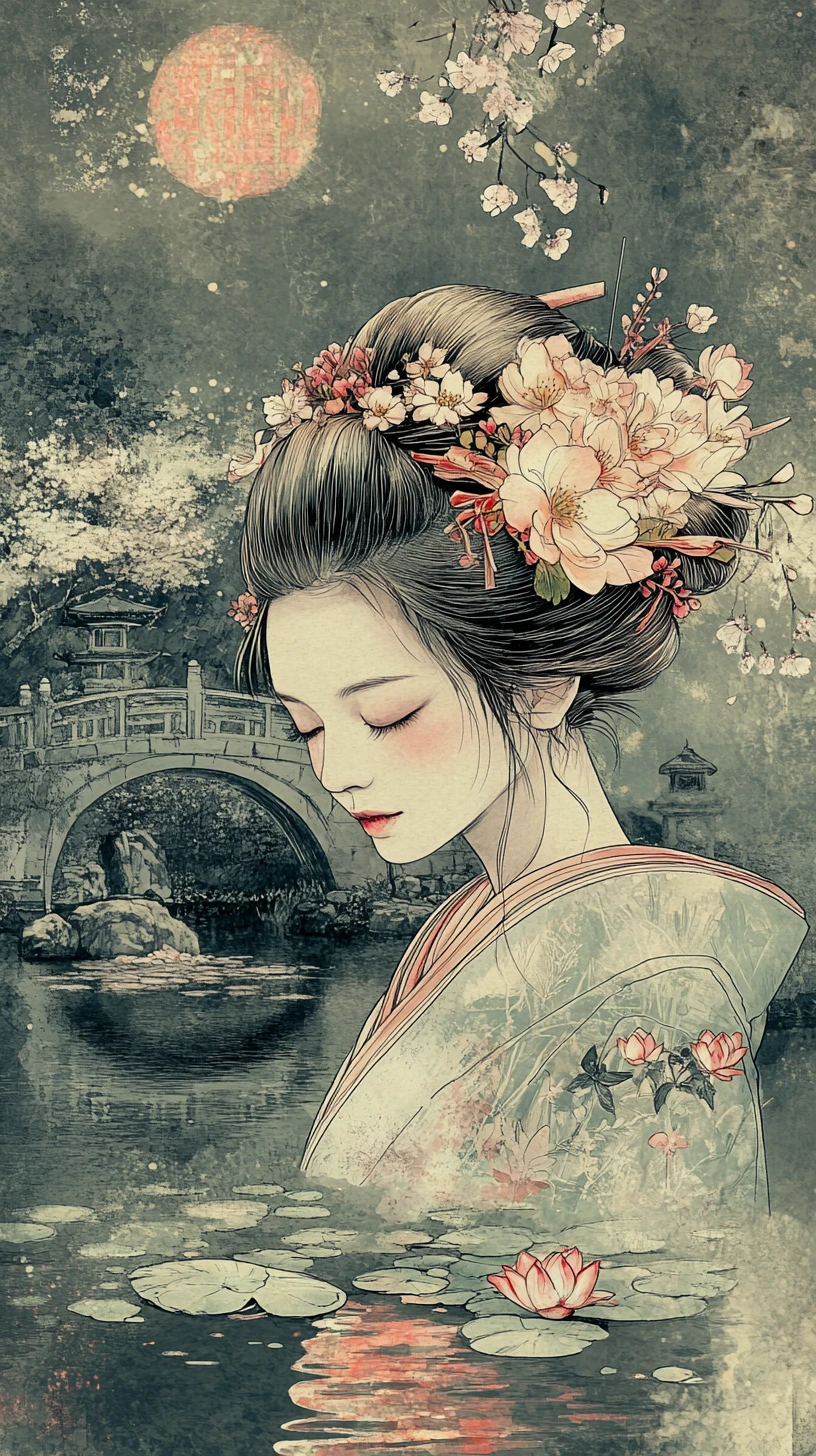 Mulher japonesa de quimono fundindo-se com cena de jardim tranquilo