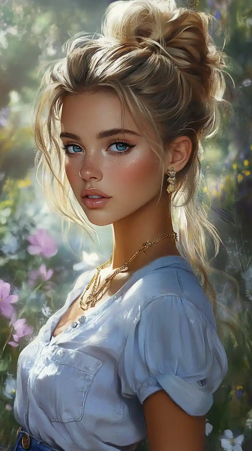 Cheerful blonde girl in jeans standing in a flower mountain
