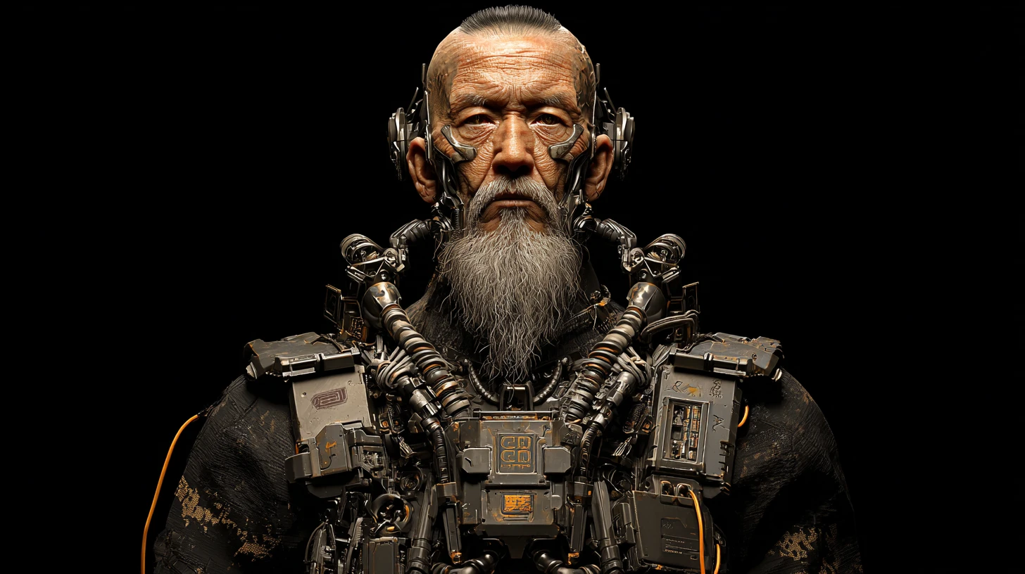 Comandante ciborgue cyberpunk grisalho com pescoço mecânico