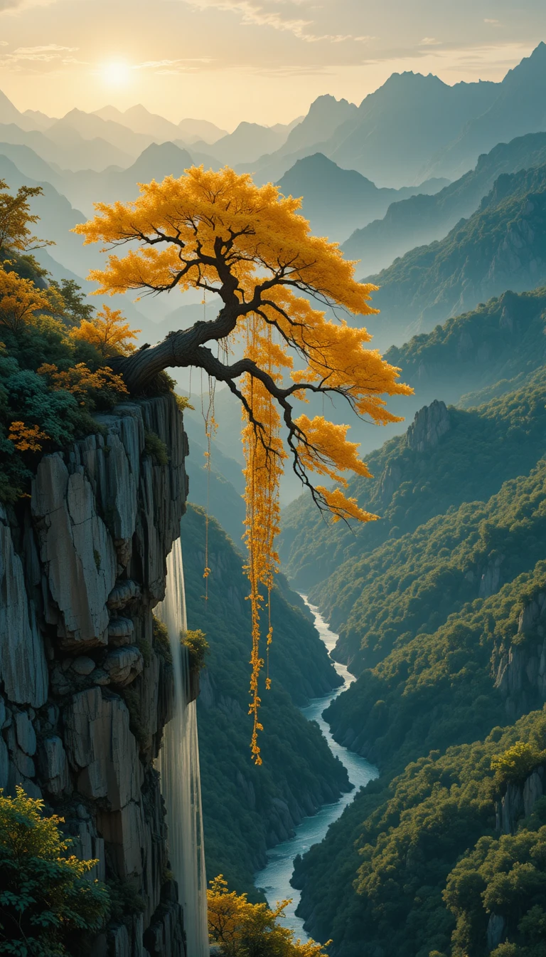 Bonsai dourado em cascata por um penhasco rochoso de montanha