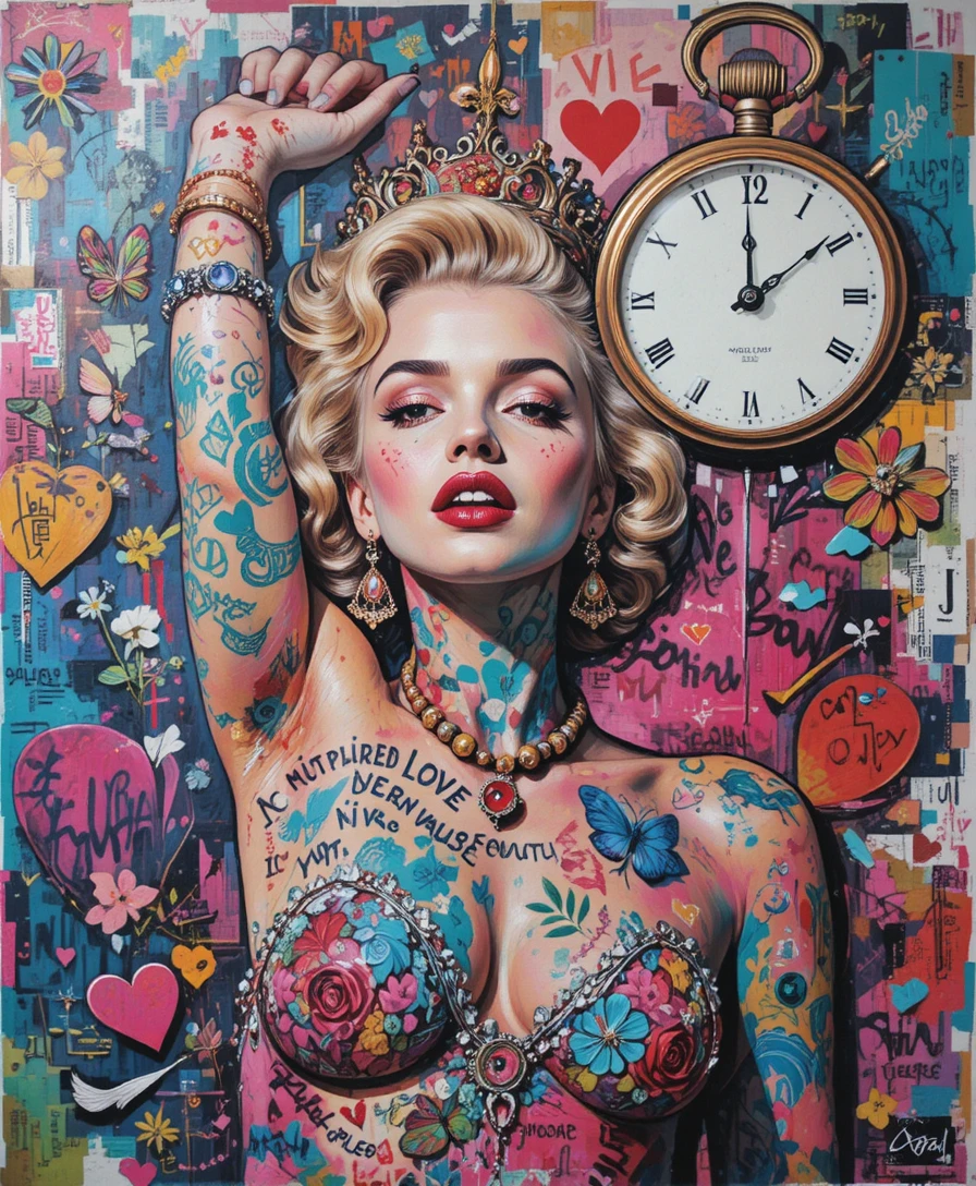 Colorful mixed media portrait with graffiti text and symbols