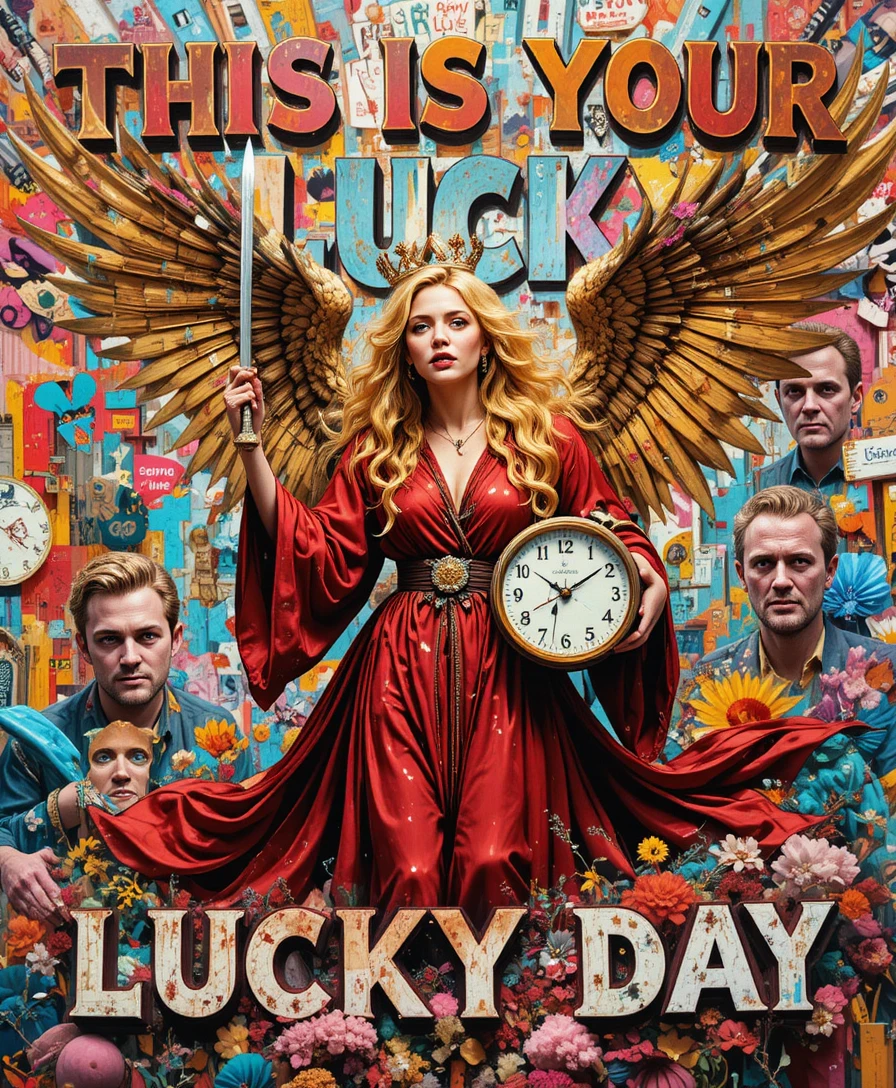 Anjo de cabelos dourados com espada e relógio em meio a colagem de texto caótica