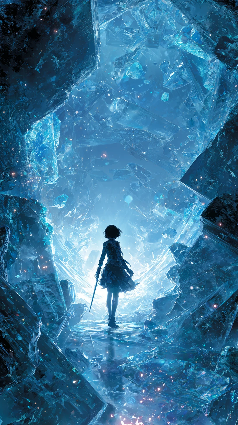Anime warrior woman frozen inside glowing ice in cavern