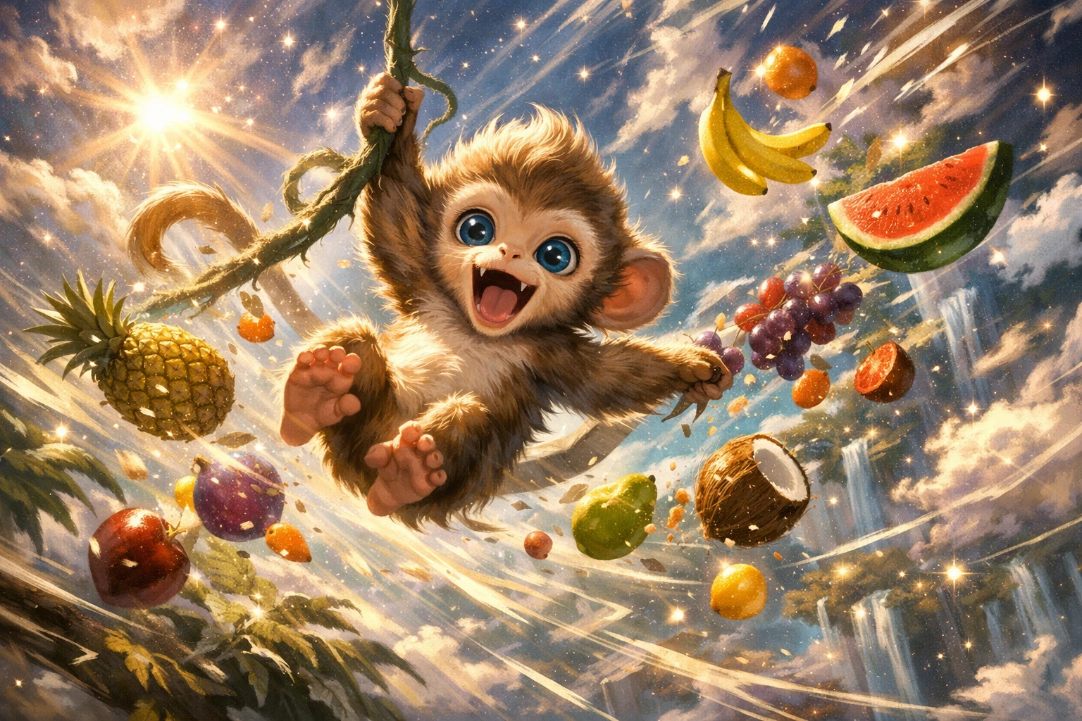 Filhote de macaco brincalhão balançando rápido em uma cena de ação cômica