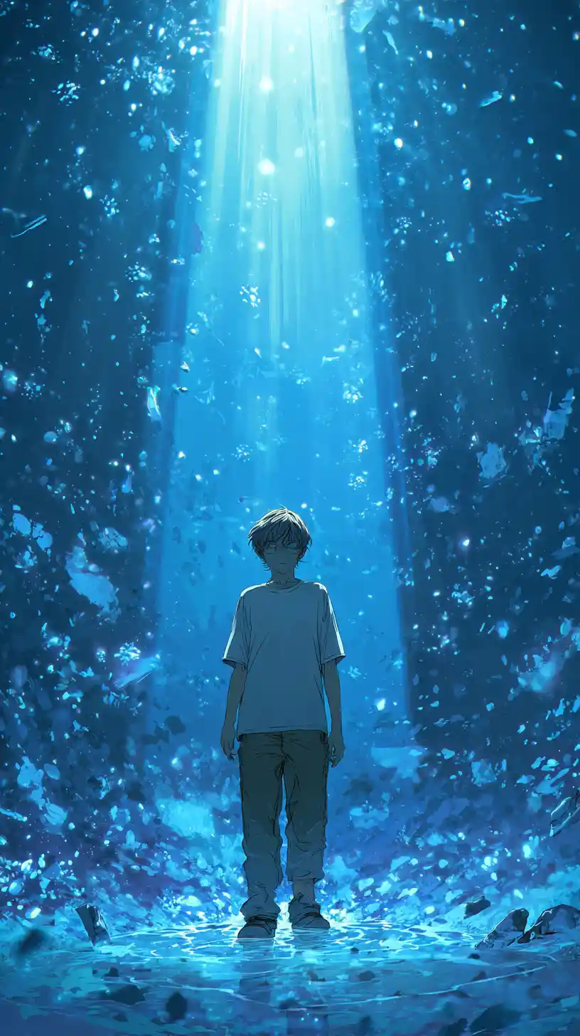 Jeune homme dans une lumière bleue mystique avec des particules flottantes
