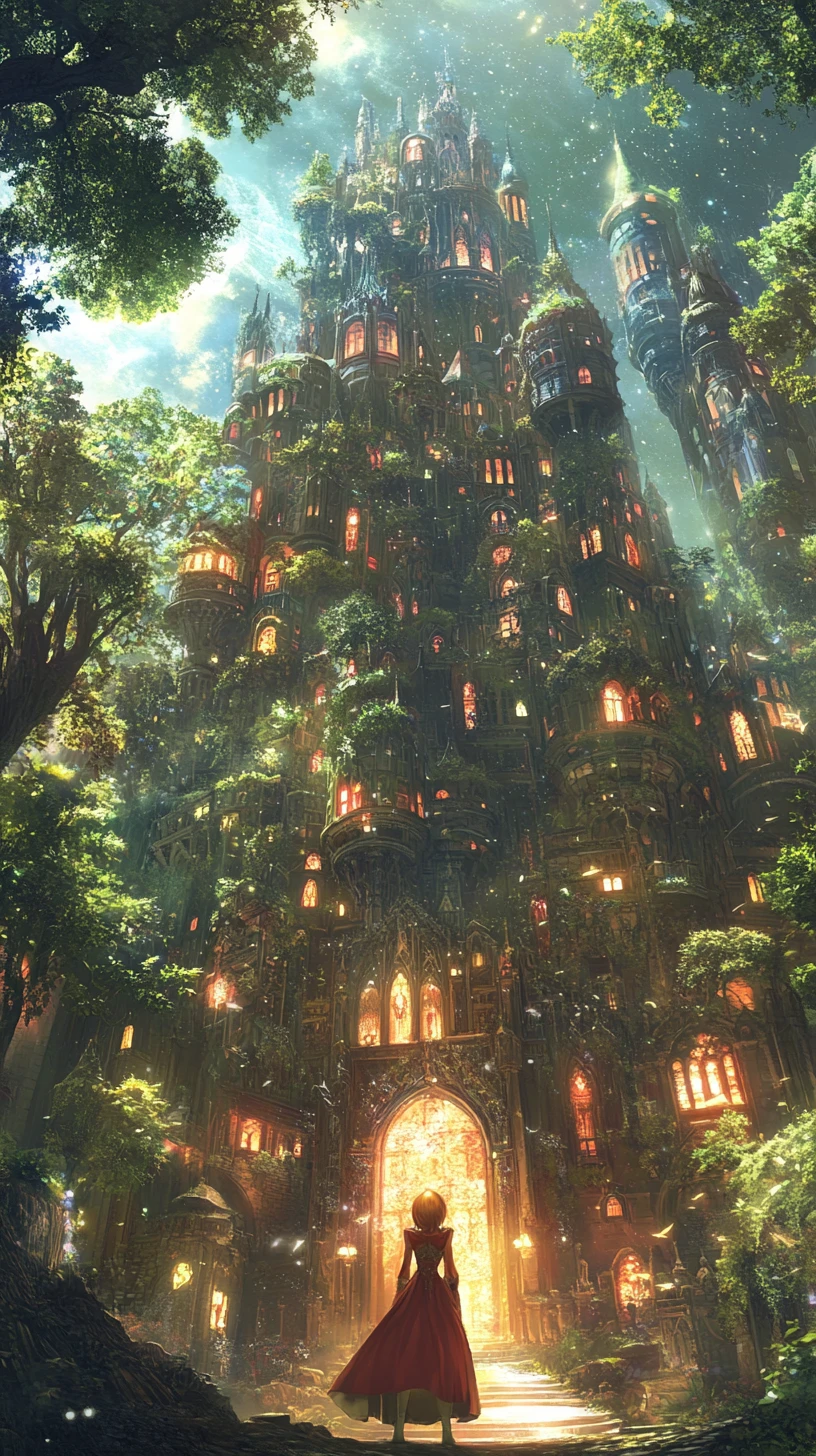 Château fantastique féerique baigné d’une lumineuse clarté naturelle de forêt