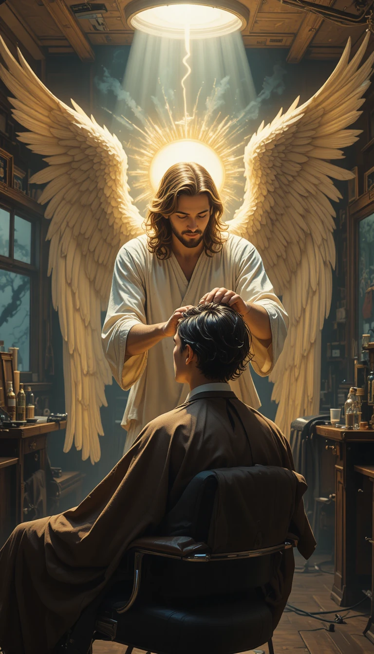 Anjo barbeiro fazendo um corte de cabelo suave em barbearia iluminada
