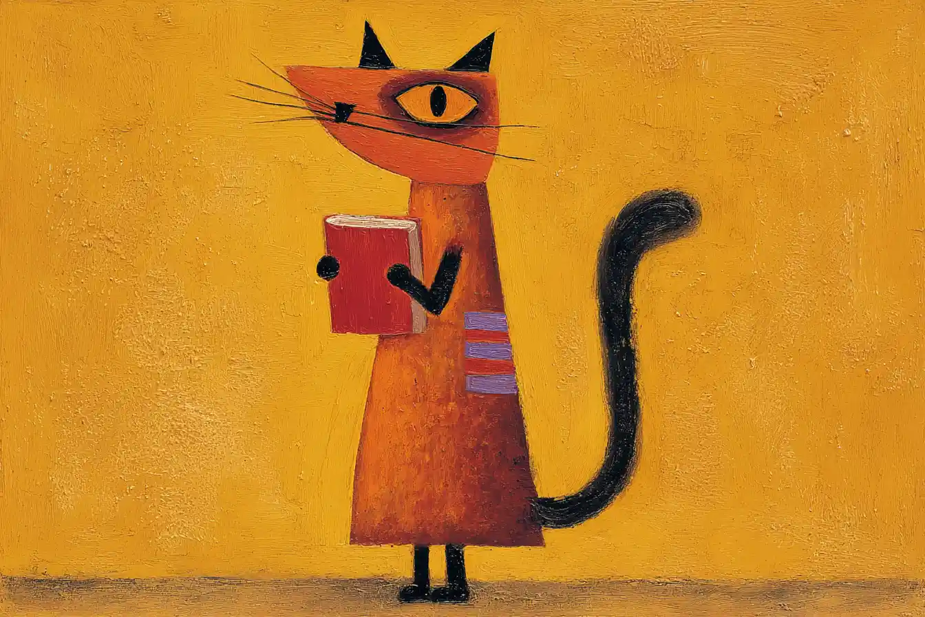 Gato esponjoso sosteniendo un libro rojo en estilo arte folclórico