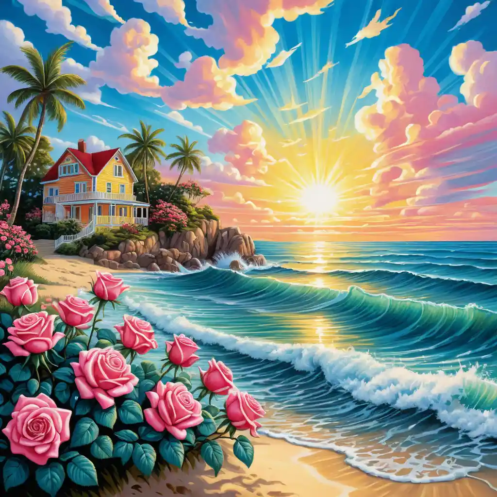 Summer seascape with sunlit waves and red roses border