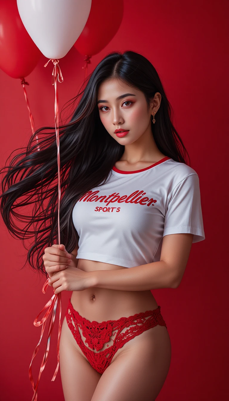 運動風短版上衣搭配紅色氣球的泰國女性