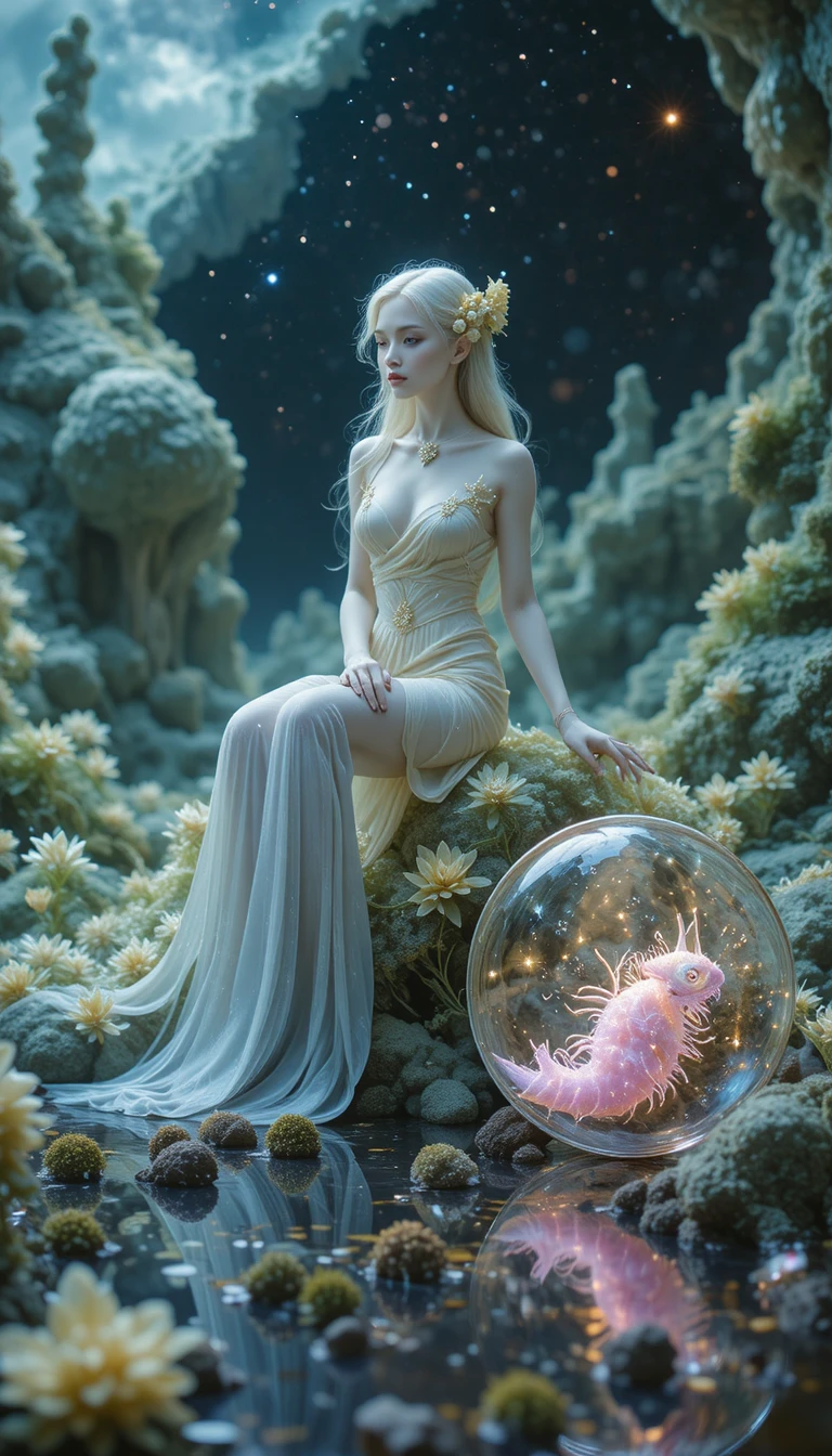 Retrato macro surreal de uma mulher diante de uma nebulosa cósmica