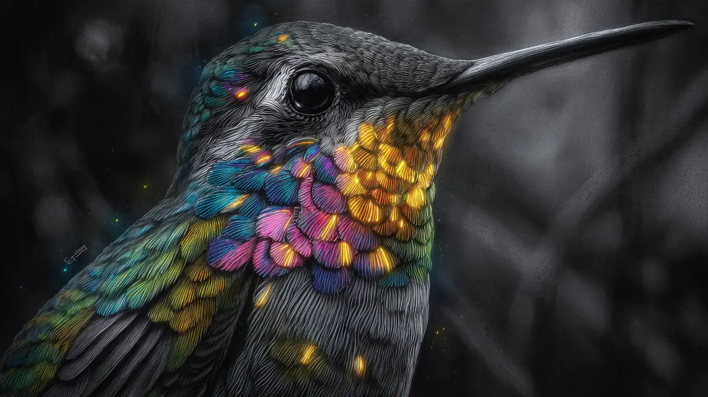 Surreal Charcoal Hummingbird Portrait With Glowing Color Accents