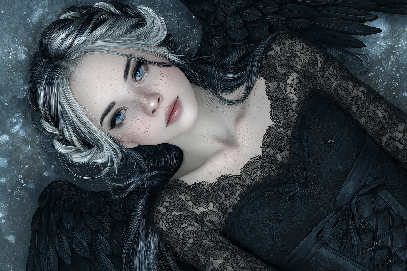 Gothic angelic woman resting on a stone coffin