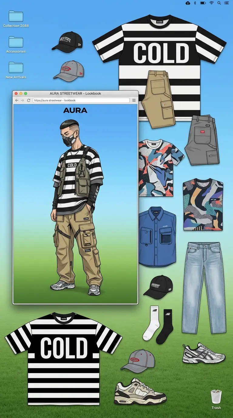 Streetwear fashion laid out on a digital desktop backdrop