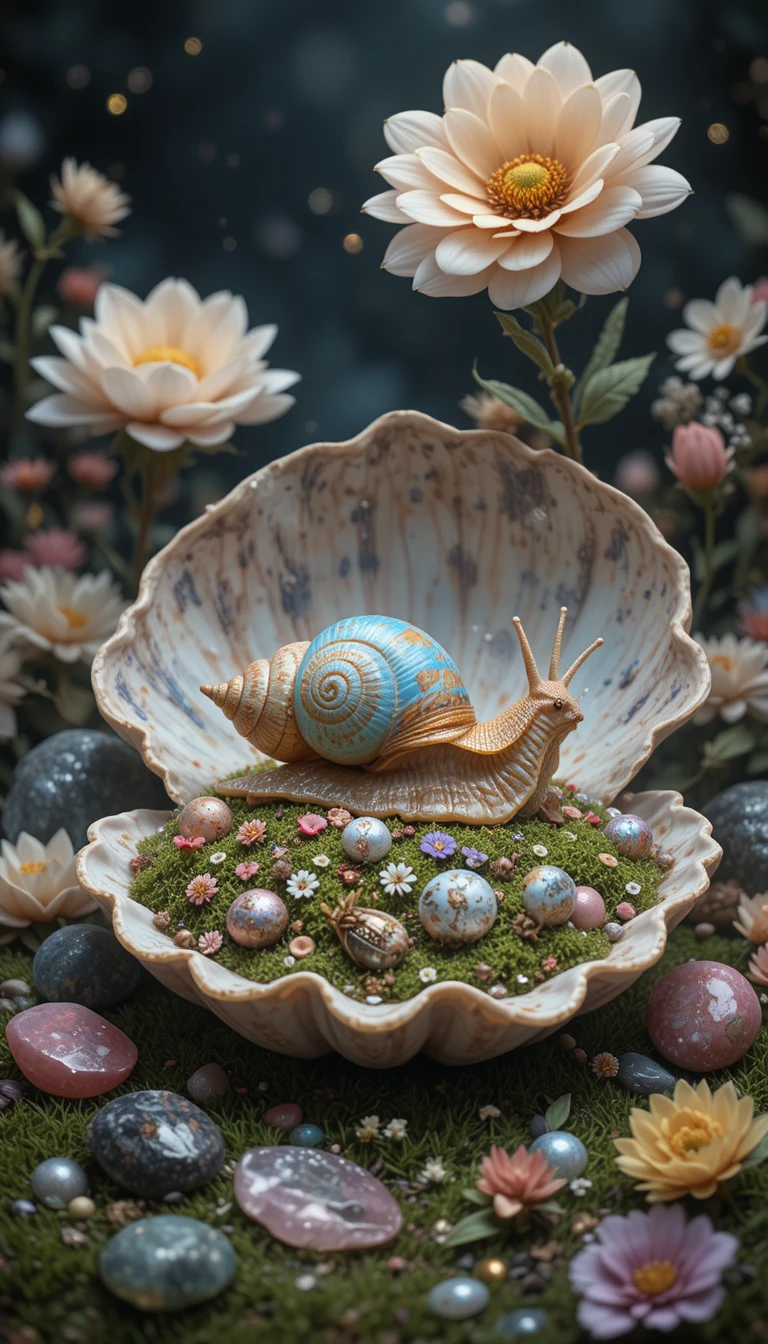 Surreal snail resting on a shell amid flowers and gems