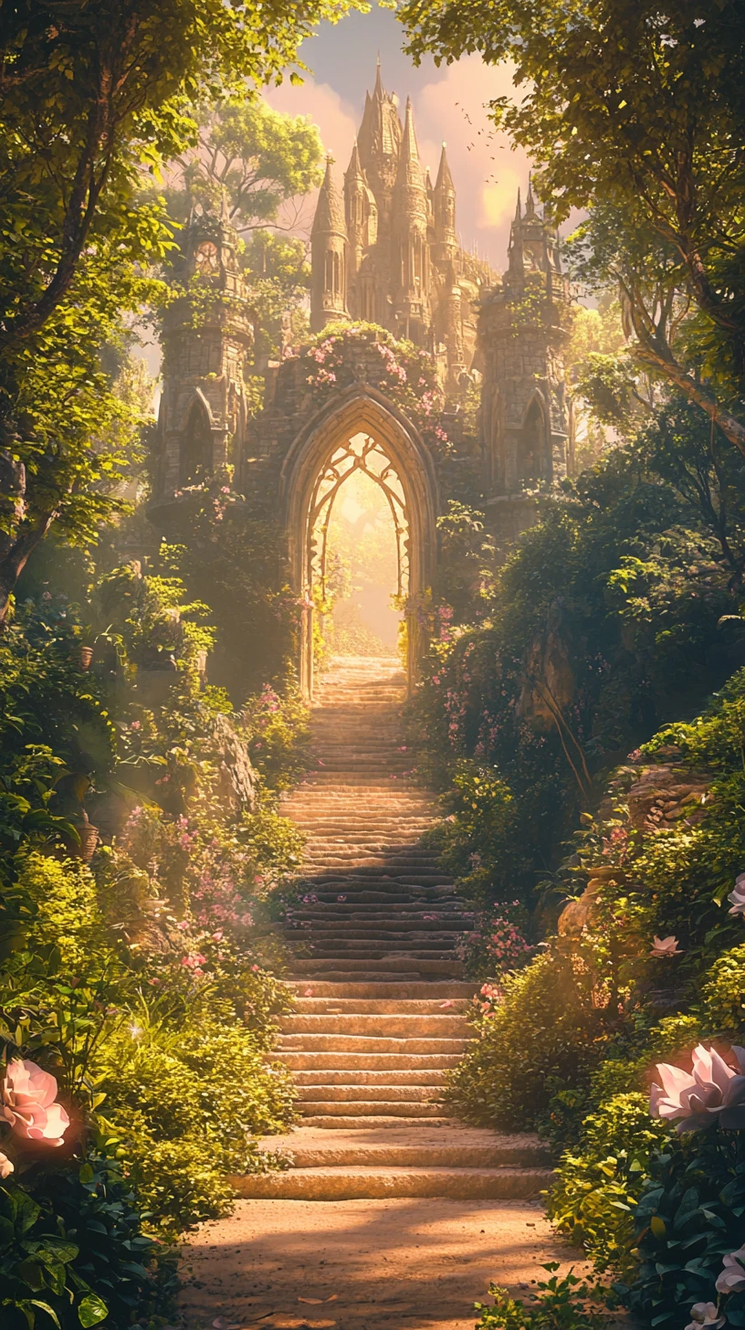 Château de fantasy féerique flottant au-dessus d’une forêt luxuriante