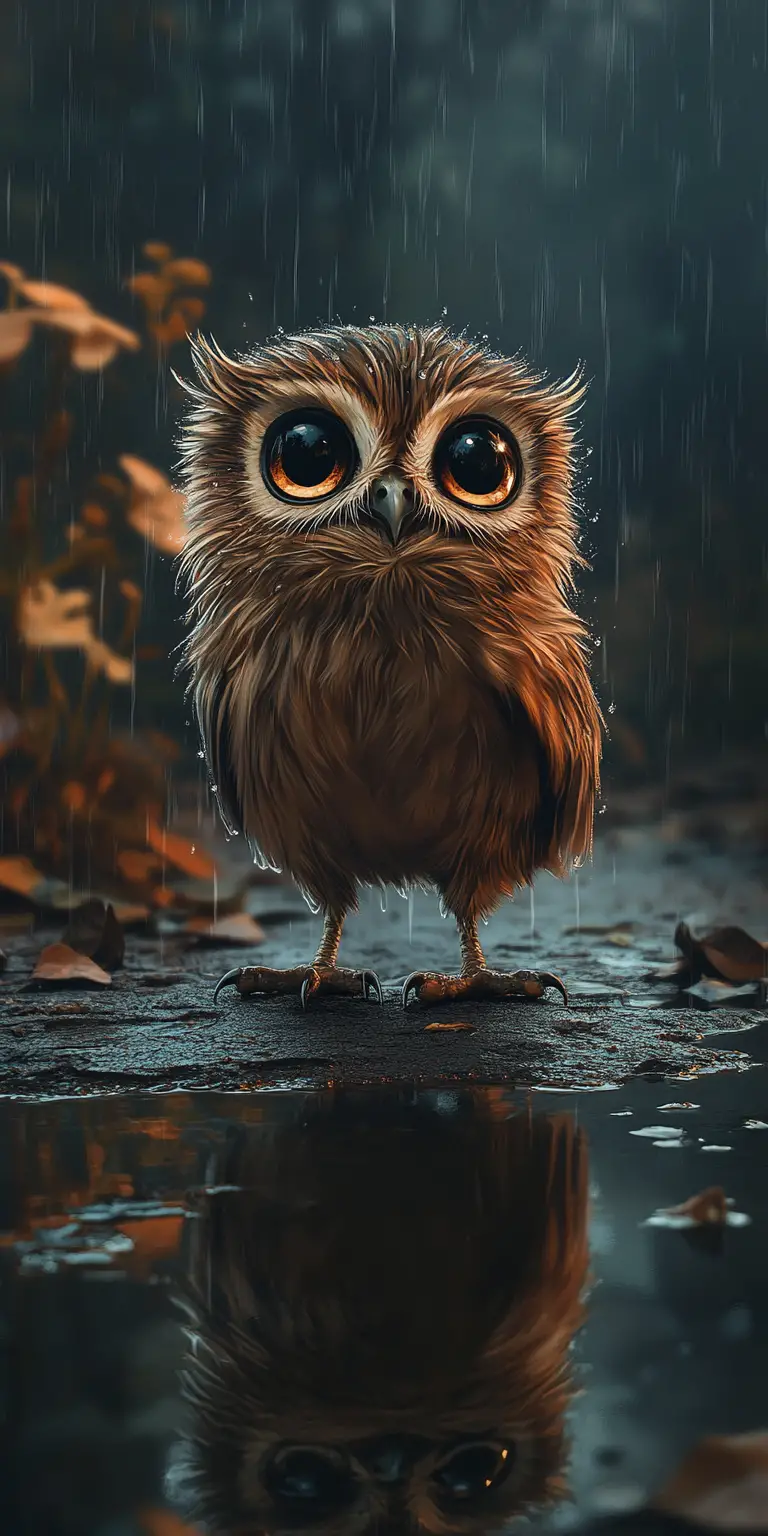 雨中黃昏水坑裡的小貓頭鷹插畫