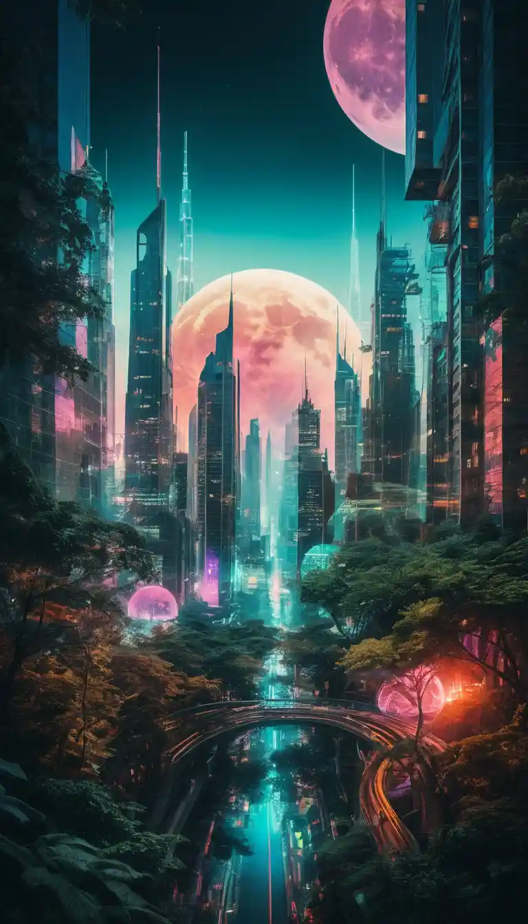 森林與未來城市的超現實雙重曝光