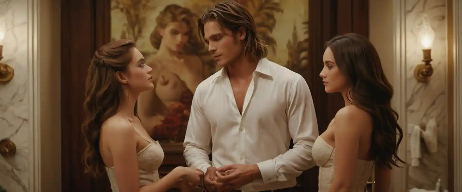 Jovem entre duas mulheres em cena de banheiro elegante