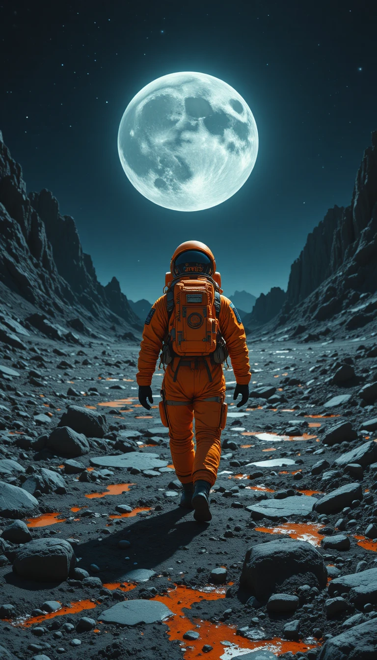 巨大月亮下在異星景觀上行走的太空人