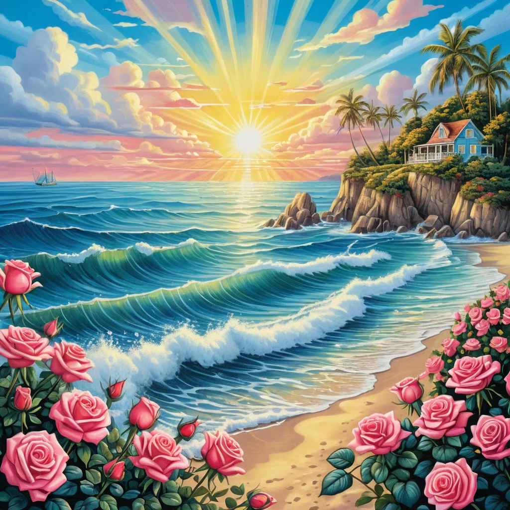 Paisagem marítima de verão colorida com rosas e raios de sol brilhantes