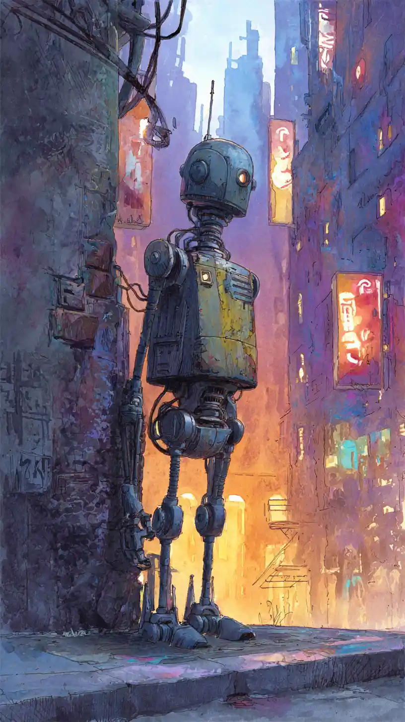 Einsamer Roboter in einer vom Regen durchnässten Neon-Gassenstadt