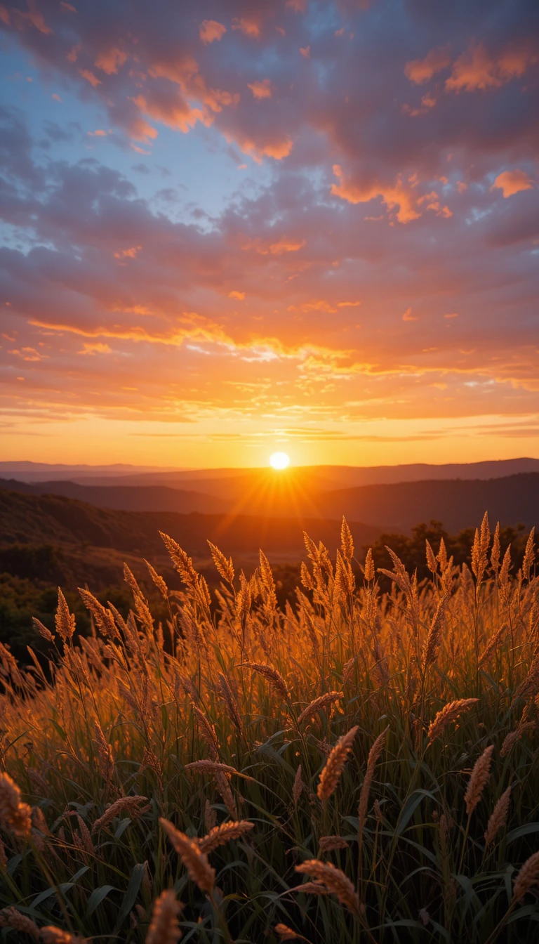 Goldener Sonnenuntergang über ruhiger Landschaft mit leuchtenden Gräsern