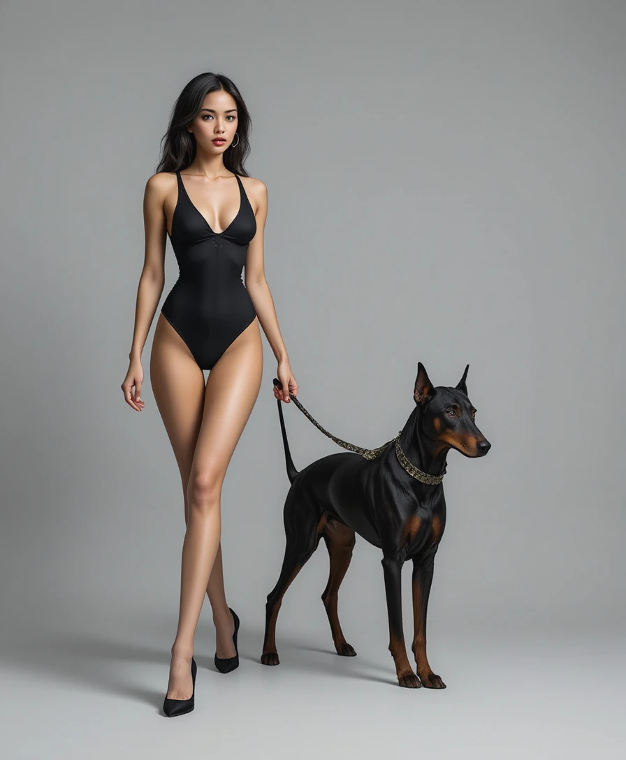 Mulher confiante de maiô preto caminhando com um cão doberman