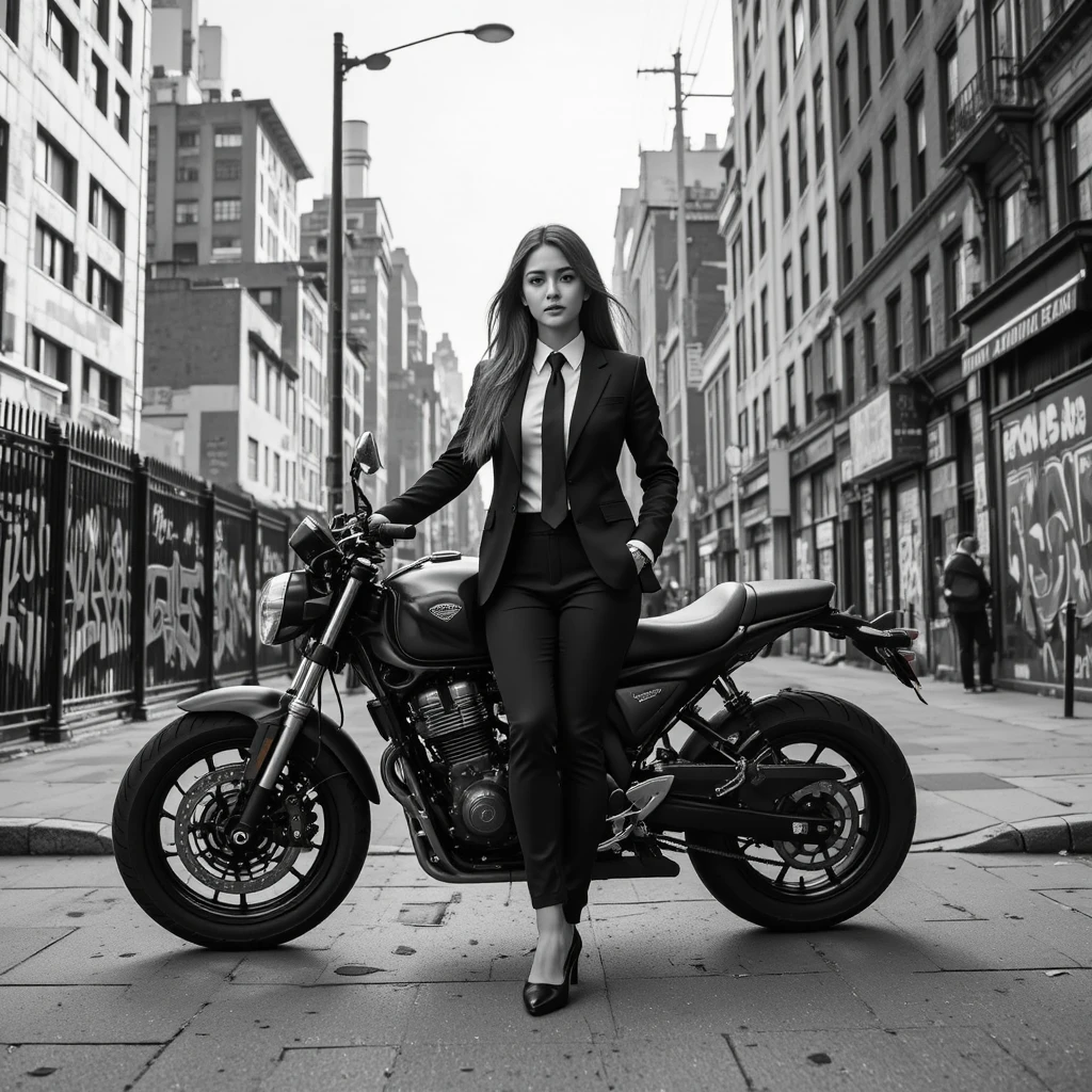 Jovem mulher de terno caminhando ao lado de motocicleta na cidade