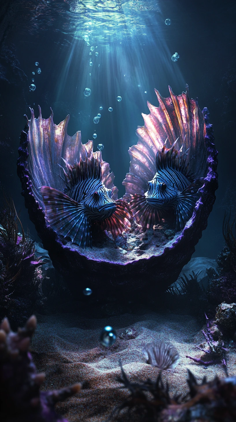 Eerie lionfish in a glowing ancient clam throne underwater