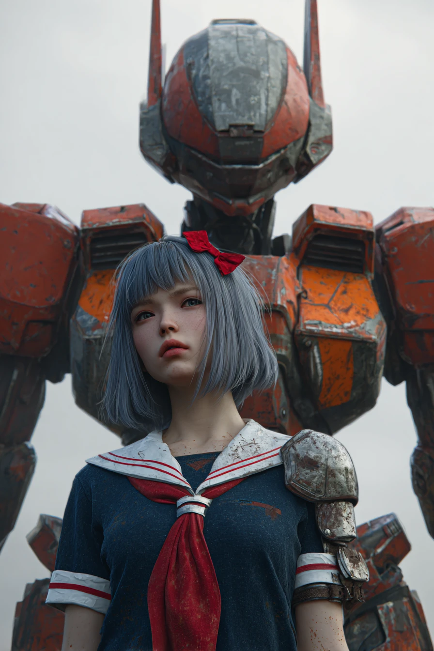 Giovane donna con gigantesco mecha sotto un cielo nuvoloso