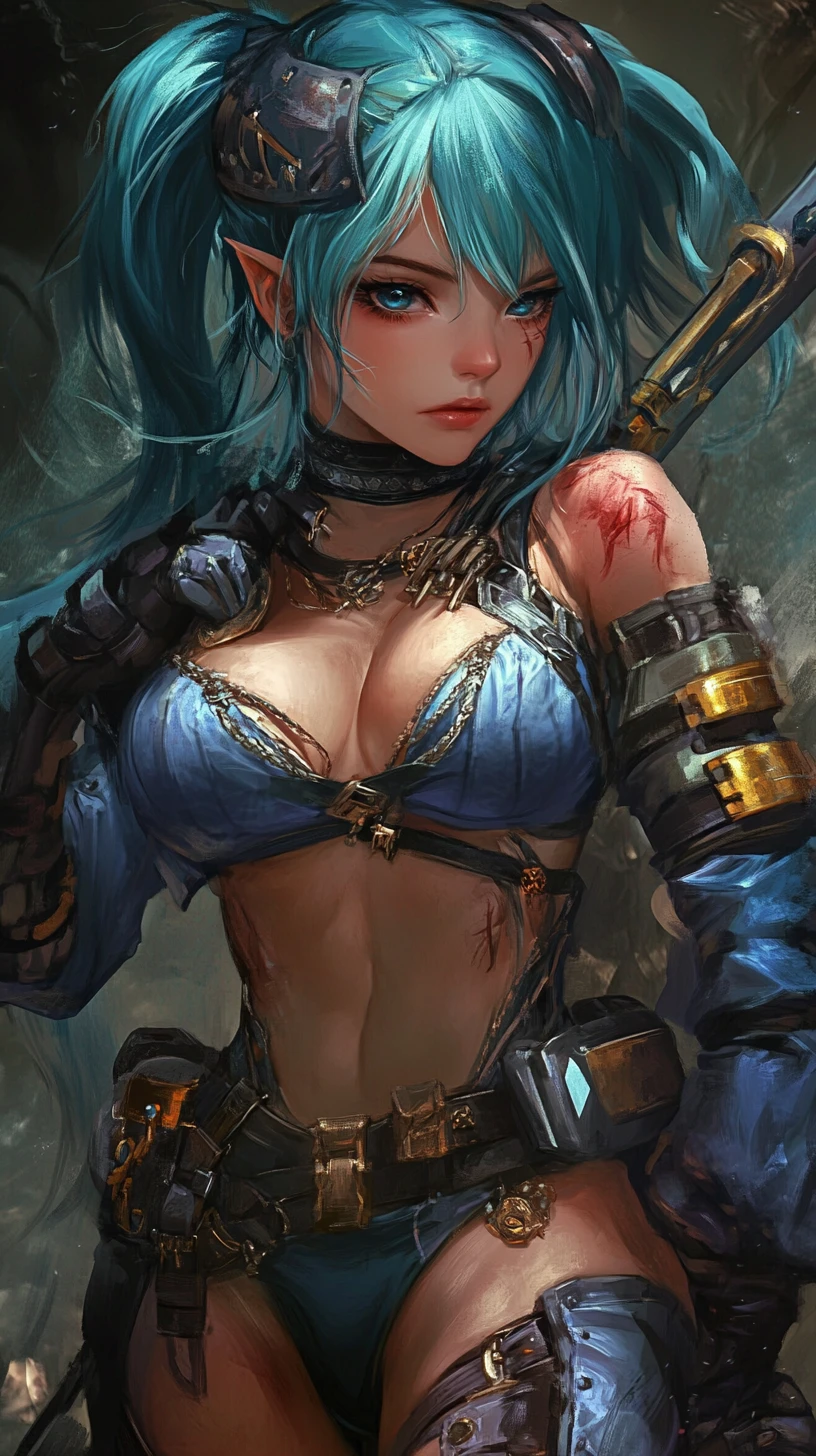 Close up of scarred anime warrior woman in blue armor