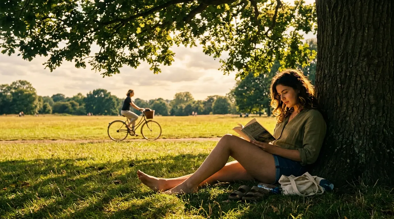 Young woman reading in dappled shade of a summer park