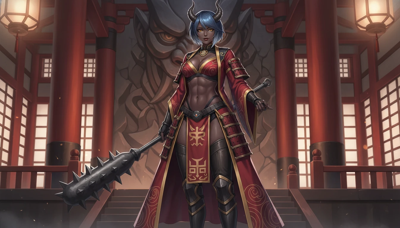 Reine oni majestueuse aux cheveux bleus avec couronne à cornes et massue