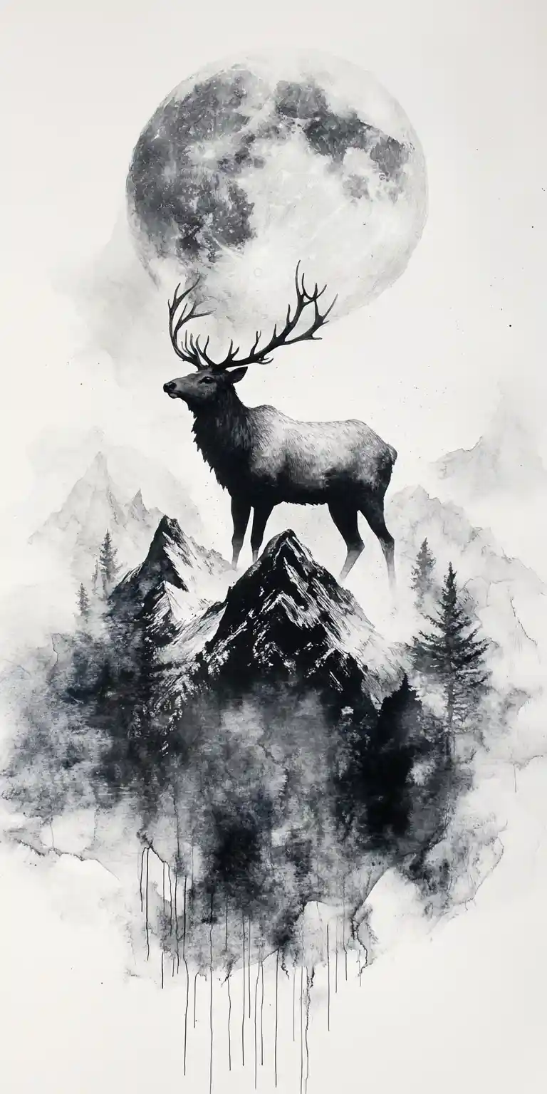 Surrealer Elch auf einem verschneiten Mondgipfel