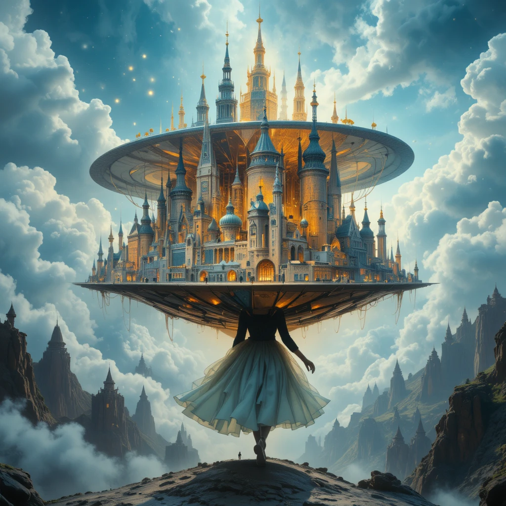 Surreal close up of a woman bearing a vaporous city