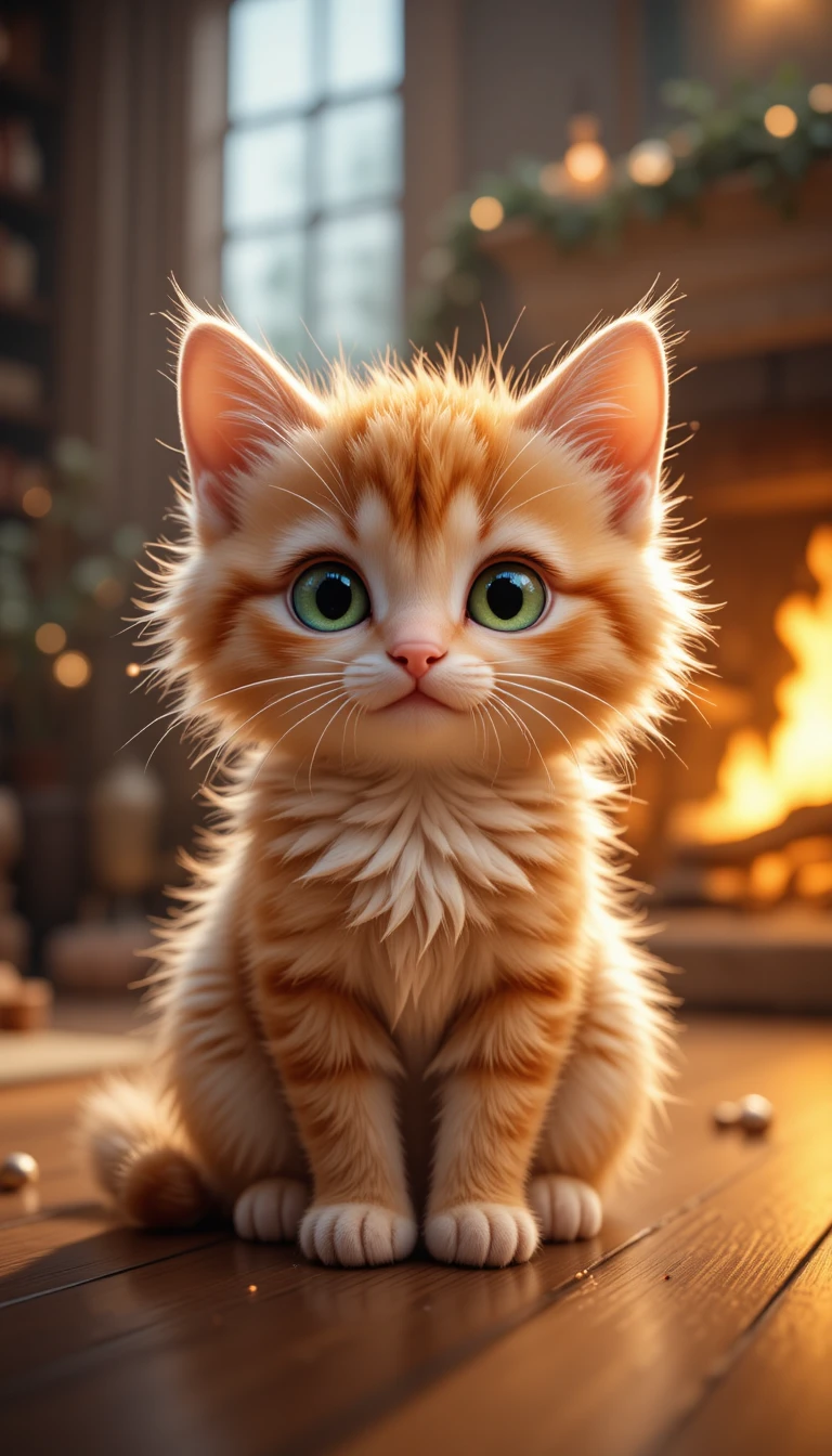 暖炉のそばで輝くふわふわのオレンジ子猫