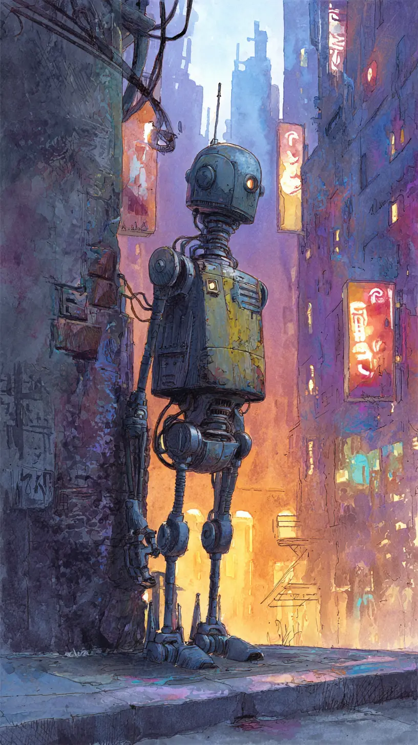 Einsamer Roboter in einer vom Regen durchnässten Neon-Gassenstadt
