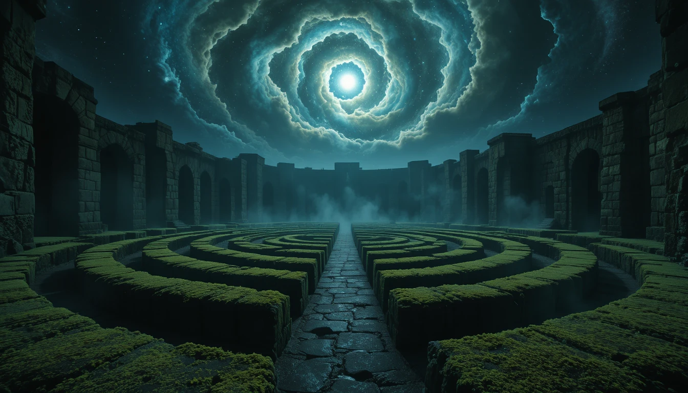 Ancien labyrinthe de pierre sous un ciel de nébuleuse tourbillonnante