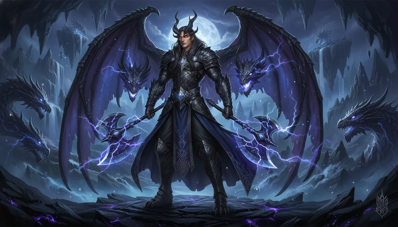 Abyssal dragon king with horns wings and blazing axes
