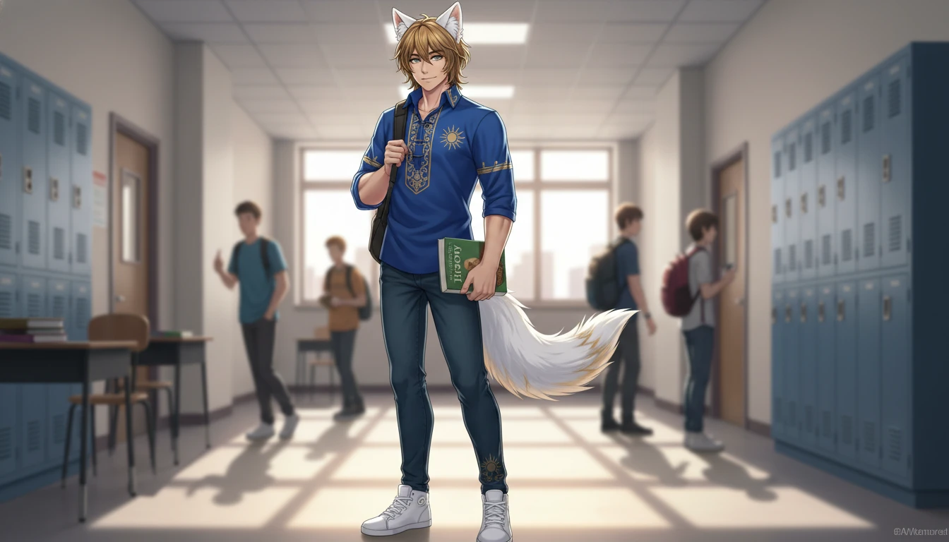 Prince garçon d’anime aux oreilles de loup en tenue moderne décontractée