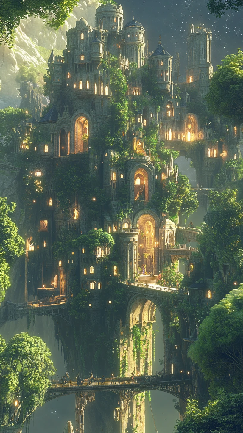 Castelo de fantasia encantado com arcadas em floresta exuberante