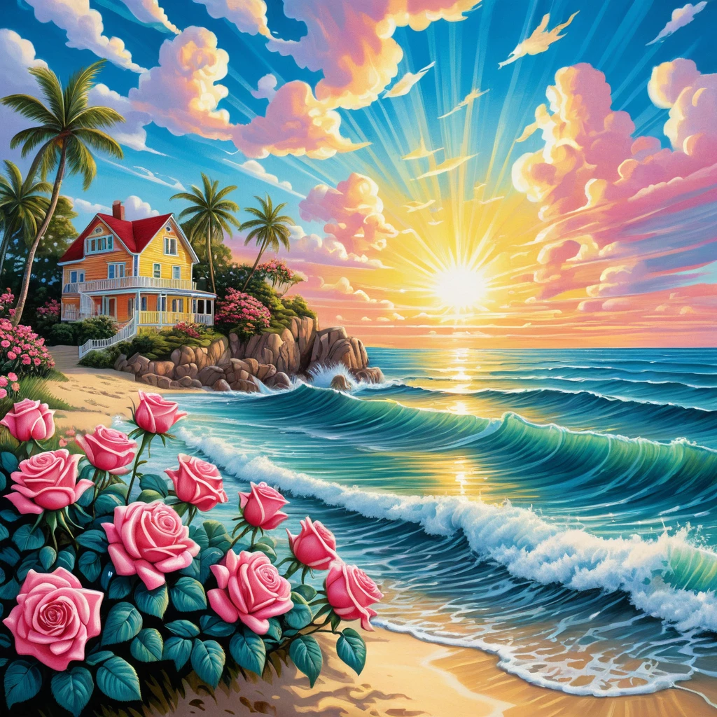 Paisagem marítima de verão com ondas ao sol e moldura de rosas vermelhas