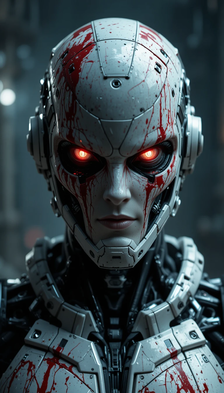 Robô humanóide ameaçador com armadura cyberpunk manchada de sangue
